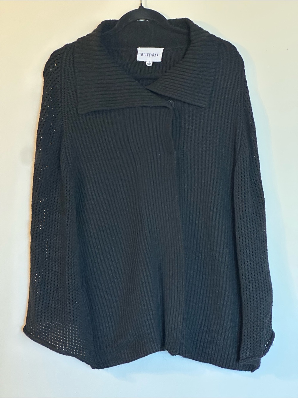 Olive & Oak Black Ribbed Open-Knit Collared Cape Cardigan